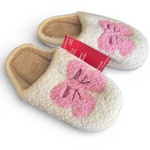 Ashland Girls Plush Slippers Pink Bow Cream Sherpa House Shoes Size: 3  NEW
